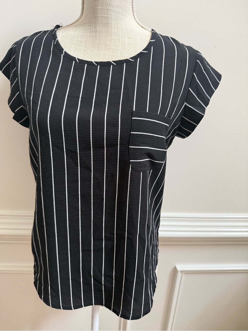 Meraki Black Pinstripe Short Sleeve Blouse